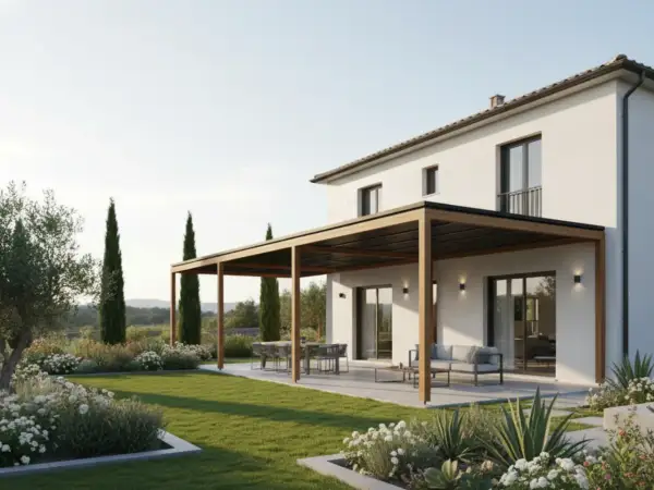 Una casa moderna con un giardino curato e una pergola in legno, ideale per costruire uno spazio esterno accogliente.
