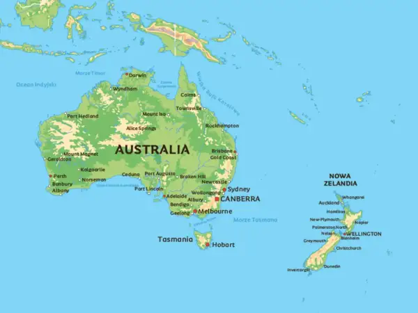 Mapa Australii i Nowej Zelandii. Gdzie jest Sydney? Znajduje się na wschodnim wybrzeżu Australii, niedaleko Canberry.