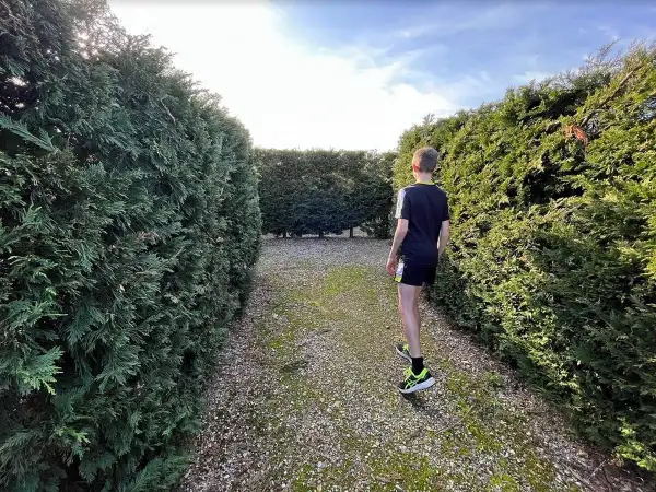 Un niño se adentra en un laberinto de setos verdes, buscando el camino en este laberinto costa mariña.