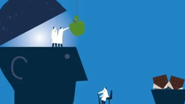Ärzte "nudgen" einen Apfel in einen geöffneten Kopf, während Schokolade lockt. Illustration zur Nudge-Theorie.