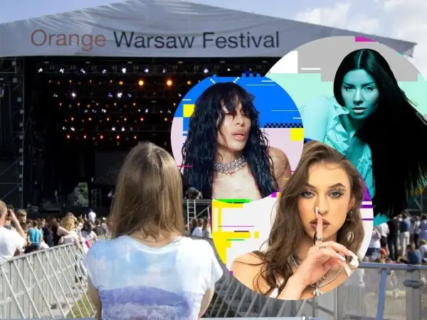 Plakat z Orange Warsaw Festival zapowiada gwiazdy. Widok na scenę i tłum.