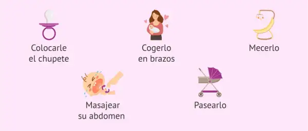 Consejos para calmar a un bebé en crisis: chupete, brazos, mecerlo, masaje abdominal y paseo.