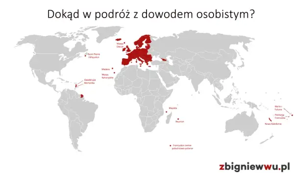 Mapa świata z zaznaczonymi terytoriami dostępnymi na wakacje bez paszportu: Europa, wyspy atlantyckie, Karaiby, Reunion, Majotta, Nowa Kaledonia, Polinezja Francuska.