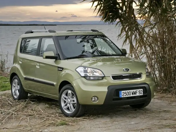 Zielony Kia Soul zaparkowany nad jeziorem, otoczony trzcinami.