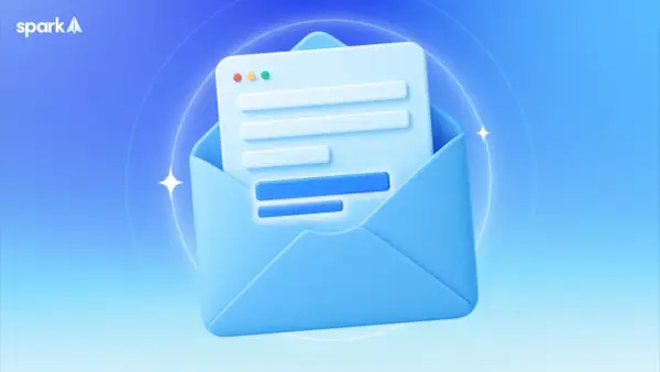 Un sobre azul abierto con un documento digital dentro. Un mensaje de despedida en inglés, listo para enviar.