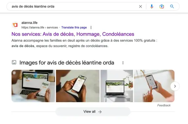 Recherche d'avis de décès en ligne. Alanna propose des services gratuits pour accompagner les familles en deuil.
