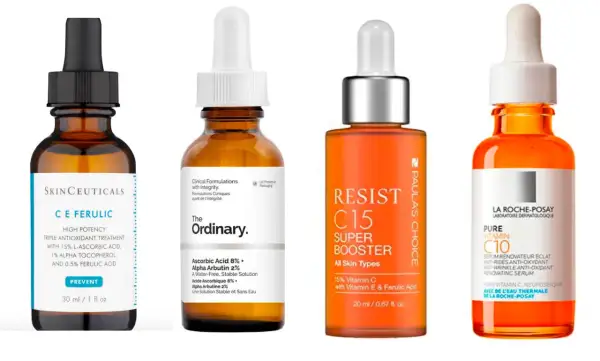 Cuatro sueros con vitamina C para la cara: Skinceuticals C E Ferulic, The Ordinary, Paula's Choice Resist C15 y La Roche-Posay Pure Vitamin C10.