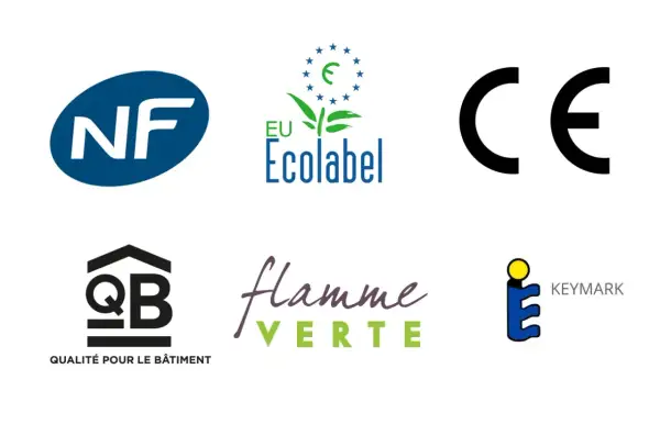 Six logos : NF, EU Ecolabel, CE, QB, Flamme Verte, et KEYMARK. Le logo CE indique la conformité européenne.