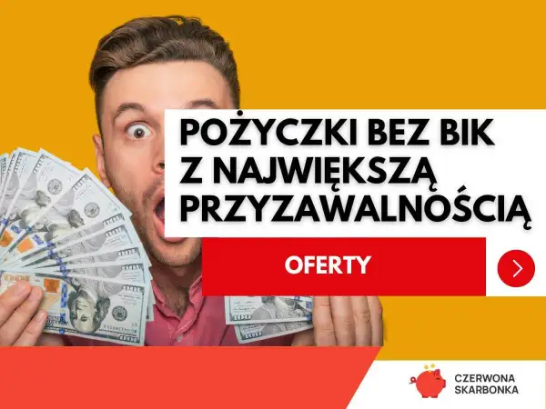 Zaskoczony mężczyzna z plikiem banknotów. Oferty pożyczki ze złym BIK z największą przyznawalnością.