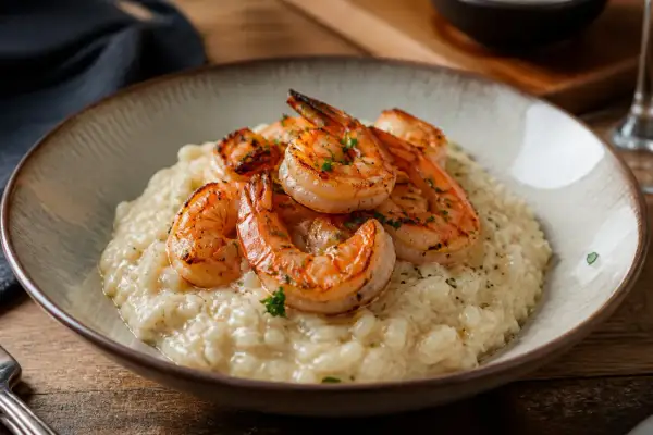 Un crémeux risotto gambas, garni de crevettes grillées et persil frais, servi dans un bol rustique.