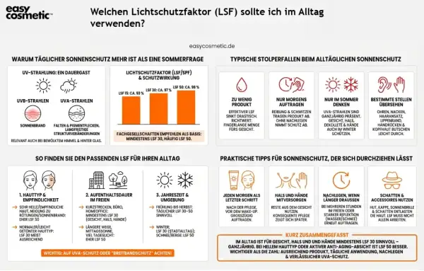 Sonnenschutz: LSF 30 oder 50 für Gesicht, Hals & Hände ganzjährig empfohlen. Bei hellem Hauttyp oder Anti-Aging LSF 50.