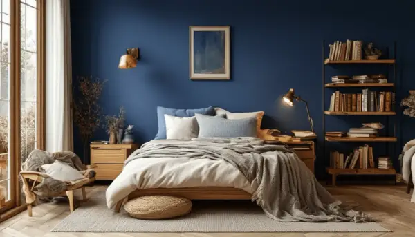 Chambre paisible aux murs bleu profond, un nuancier de bleu qui invite à la détente. Lit douillet, fauteuil confortable et étagères remplies de livres.