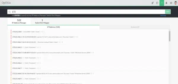 Widok listy adresów IP z menedżera **IPAM**. Widoczne są adresy, statusy (np. "Used", "Transient") i nazwy hostów.