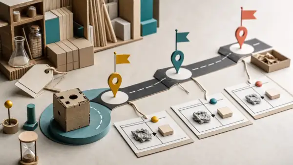 Un mapa de ruta visual que representa el **método lean startup**, con marcadores de ubicación, cajas de cartón y elementos que sugieren experimentación y desarrollo.