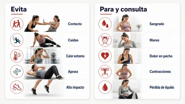 Guía de deporte para embarazadas: evita contacto, caídas, calor, apnea y alto impacto. Consulta por sangrado, mareo, dolor, contracciones o pérdida de líquido.