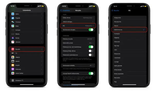 Na ekranie iPhone'a widać ustawienia muzyki, gdzie wybrano gotowe ustawienia equalizera: "Elektroniczna".