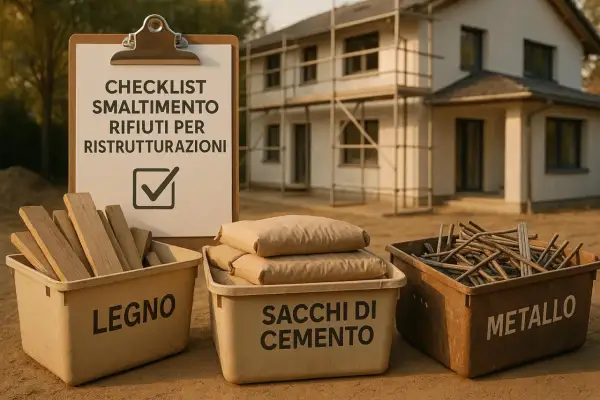 Checklist per lo smaltimento rifiuti edili in cantiere: legno, sacchi di cemento e metallo.