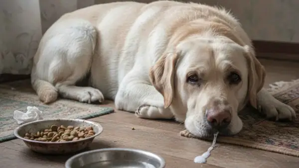 Labrador triste y enfermo, con espuma saliendo de su boca. Parece que mi perro no para de vomitar.