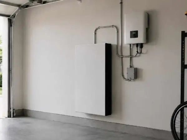 Biały magazyn energii i falownik na ścianie garażu. System zapewnia niezależność energetyczną.