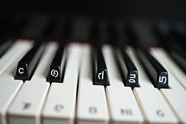 Zbliżenie na klawisze pianina z literami i cyframi, pokazujące, jak podpisać klawisze na pianinie.