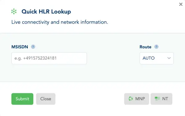 Formularz "Quick HLR Lookup" z polem na wpisanie numeru MSISDN, np. +4915752324181, i wyborem trasy AUTO.