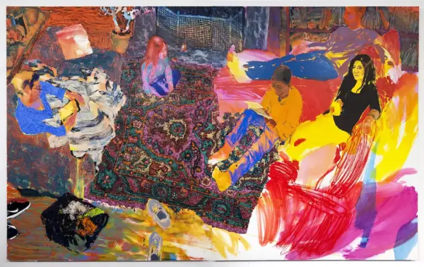 Vibrant contemporary figurative art depicts a family gathered in a colorful living room, with a child reading on a patterned rug.