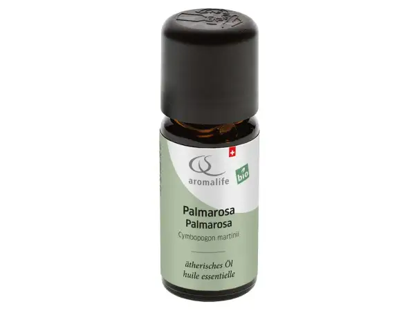 Kleine Flasche ätherisches Palmarosa Öl. Die **Palmarosa Wirkung Psyche** wird durch den Duft positiv beeinflusst.