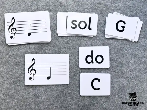 Piosenki dla dzieci nuty literowe: karty z zapisem nutowym i literami "sol", "do", "C".