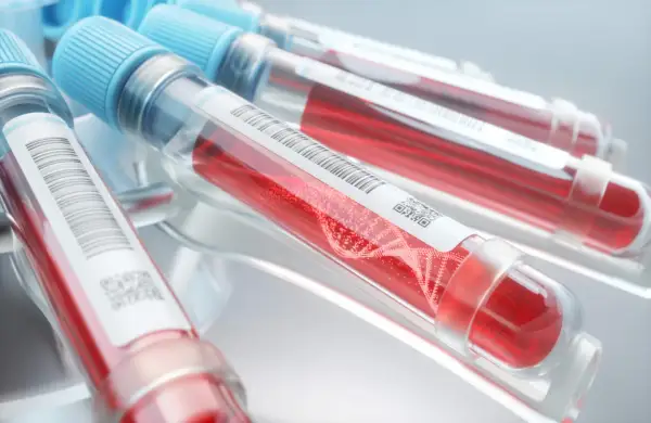 Blodprovsrör med rött blod och DNA-spiral. Kan användas för att identifiera blodgrupp.