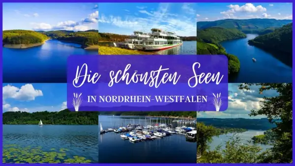 Schöne Seen in NRW laden zum Spazieren gehen ein. Die Collage zeigt verschiedene Wasserlandschaften mit Booten und grünen Ufern.