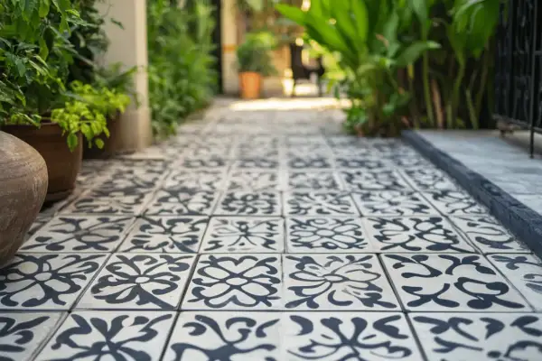 Un chemin bordé de plantes mène à une allée pavée de carreaux de ciment décorés, prêts à être poncés pour révéler leur beauté.