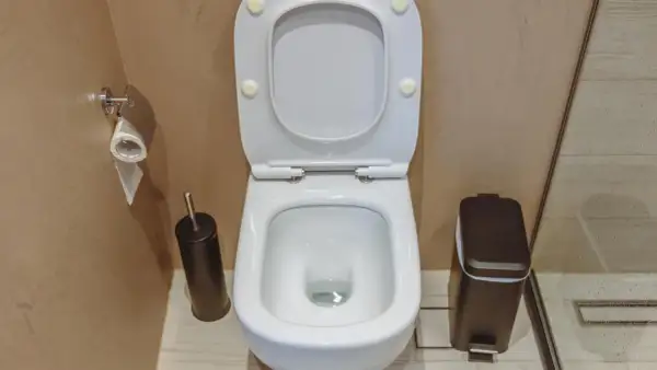 WC bianco con tavoletta alzata, scopino, portarotolo e cestino. La distanza scarico wc dal muro sembra adeguata per un uso confortevole.