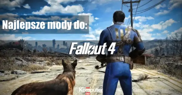 Najlepsze mody do Fallout 4: postać w niebieskim kombinezonie z psem na tle postapokaliptycznego krajobrazu.