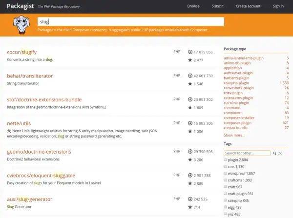 Page Packagist affichant des paquets PHP. Recherche de "slug" pour installer Composer sur Ubuntu.