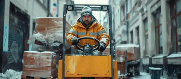 Mężczyzna w żółtej kurtce i czapce kieruje wózkiem widłowym na tle zaśnieżonej ulicy. Jego odzież do pracy w niskich temperaturach chroni go przed zimnem.