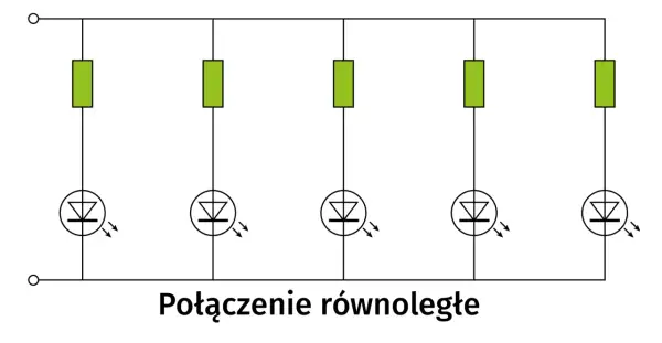 Schemat połączenia równoległego rezystorów z diodami LED. Pokazuje, jak podłączyć rezystor kierunkowskazów LED.