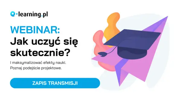 Webinar "Jak uczyć się skutecznie?" od Q-learning.pl. Grafika z biretem i kolorowymi kształtami symbolizuje e-lerning i sukcesy w nauce.