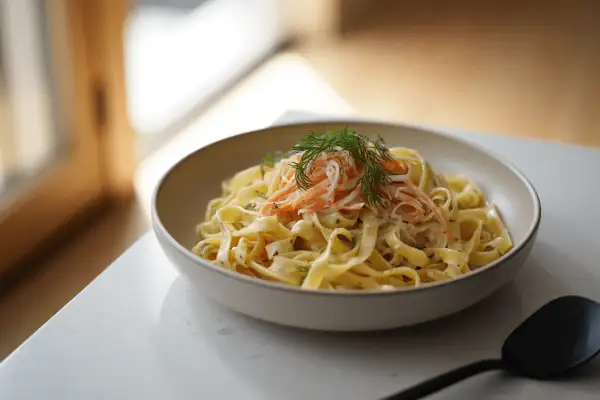 Un plato de pasta fettuccine con una cremosa salsa, coronado con hebras de salmón ahumado y eneldo fresco.