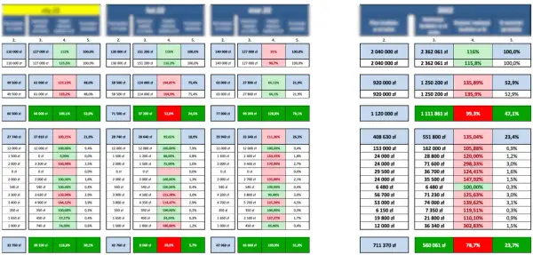 Tabela przedstawia dane finansowe firmy, w tym budżet firmy, z podziałem na miesiące i kategorie.