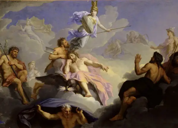 Atena bogini w hełmie i z tarczą unosi się na chmurach, otoczona przez innych bogów i postacie mitologiczne.
