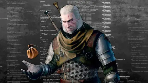 Geralt z Rivii na tle kodu gry Wiedźmin 3. W ręce trzyma sakiewkę z monetami, jakby oferował graczom możliwość zdobycia skarbów dzięki znajomości **kodów Wiedźmin 3**.