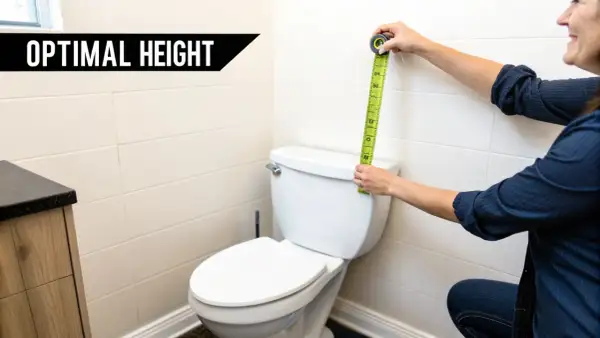 Measuring for optimal grab bar installation height next to a toilet.