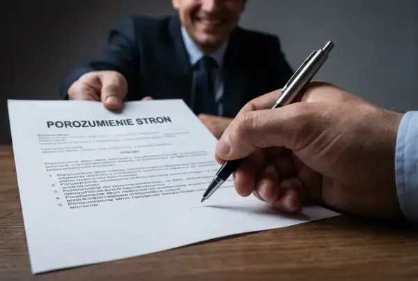 Podpisanie porozumienia stron. Uśmiechnięty mężczyzna podaje dokument, a druga osoba podpisuje go długopisem.