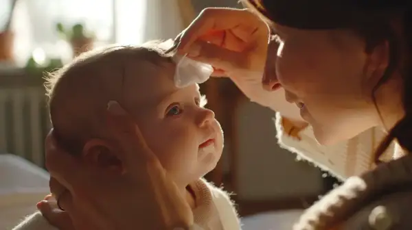 Delikatne przemywanie oczu noworodka. Mama z miłością troszczy się o czystość maluszka, tworząc intymną chwilę.