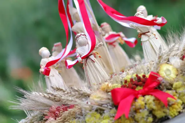 Słomiane figurki, jak posag panny młodej, ozdobione biało-czerwonymi wstążkami, wśród kłosów i suszonych kwiatów.