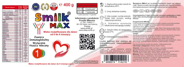 Smilk MAX - mleko modyfikowane dla niemowląt od 0 do 6 miesięcy, zawiera immunoglobuliny. Dlaczego wycofany? Brak informacji.