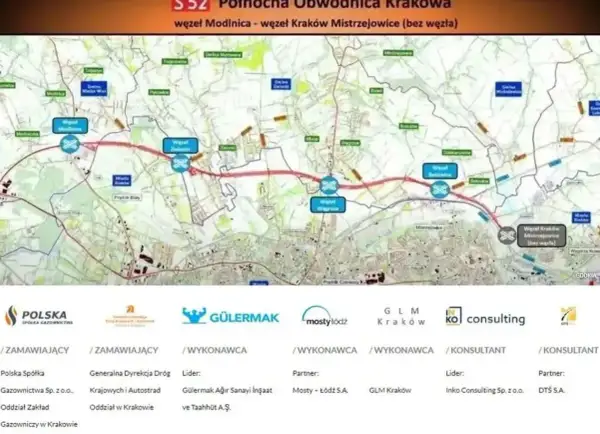 Mapa przedstawia przebieg północnej obwodnicy Krakowa od węzła Modlnica do węzła Kraków Mistrzejowice, z zaznaczonymi etapami budowy i wykonawcami.