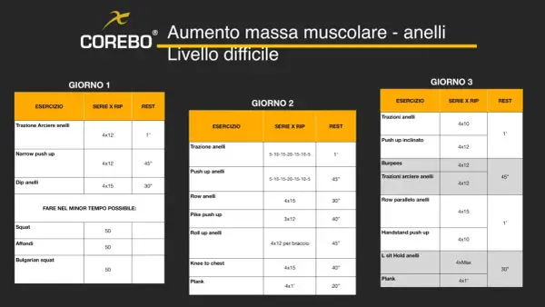 Programma di allenamento full body per aumento massa muscolare con anelli, livello difficile. Tre giorni di esercizi intensi.