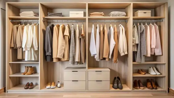 Armario organizado con ropa colgada y doblada, zapatos en estantes. Muestra cómo se mide un armario para optimizar el espacio.