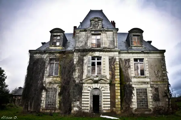 Vaste manoir urbex envahi par la végétation, fenêtres brisées et portes barricadées. Un lieu figé dans le temps, invitant à l'exploration.